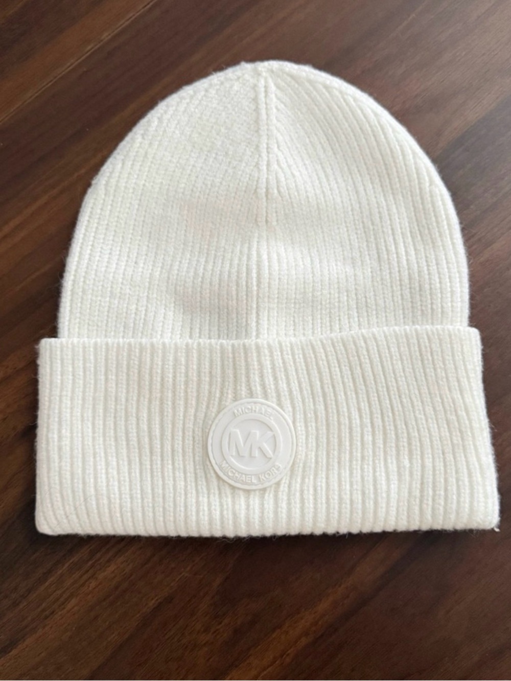 Michael Kors Cream Ribbed Fold-Over Logo Beanie